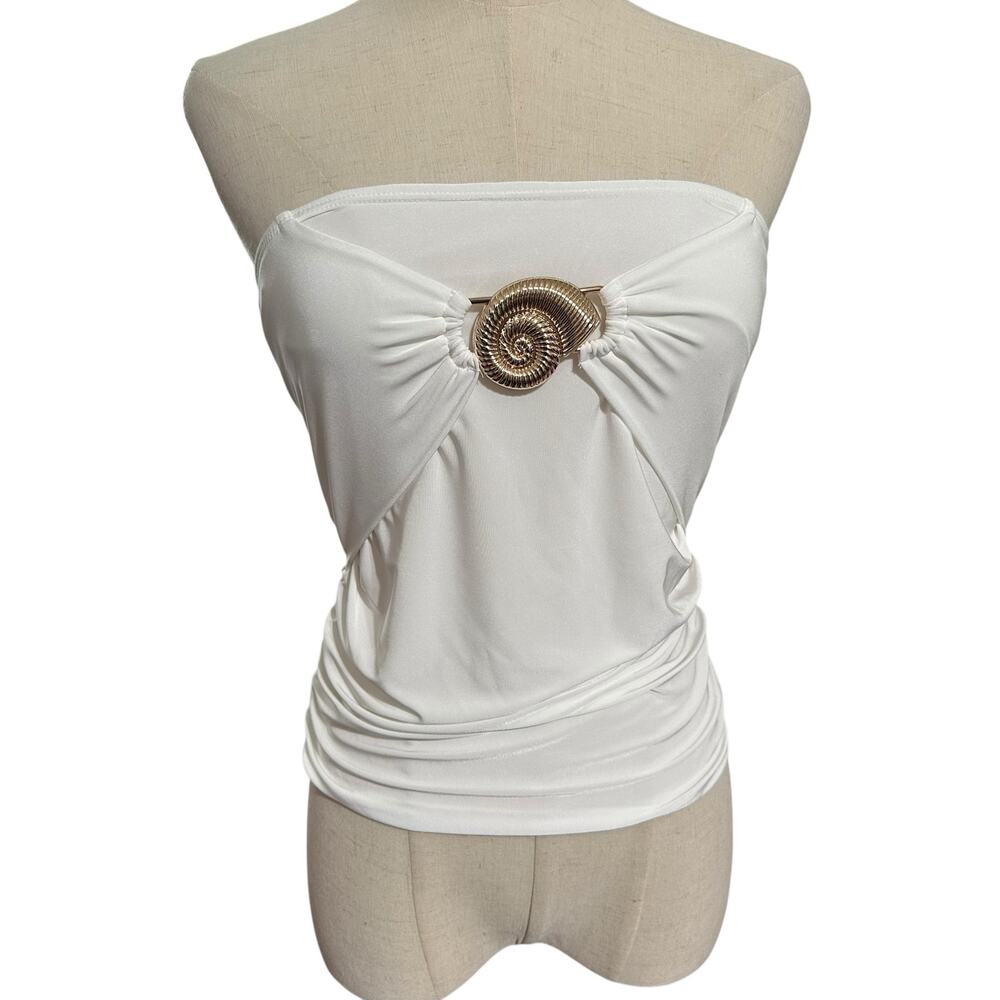 Dolls Kill Blue Blush Large White Sea Escape Tube Crop Top Gold Seashell Mermaid